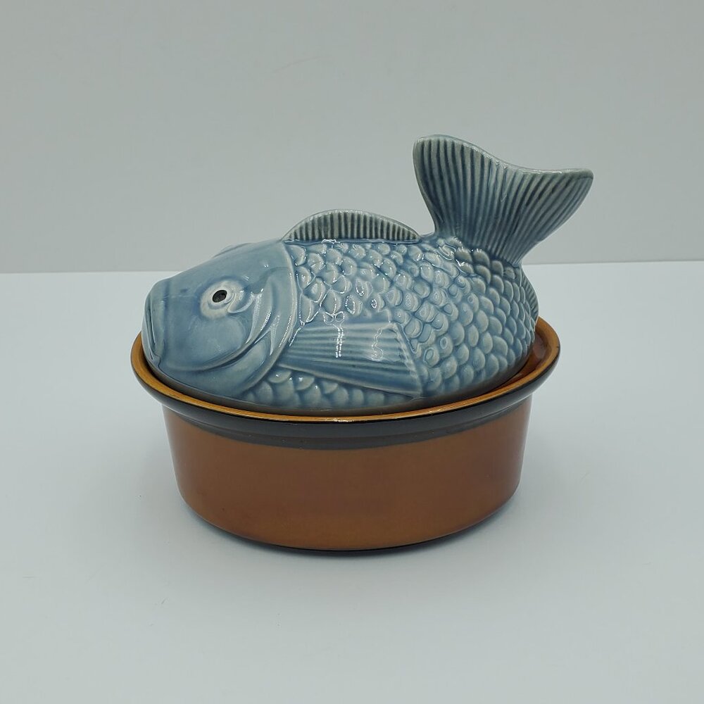 Secla Pottery Fish on Nest Tureen Lidded Dish Figural Fish Lid Soup Stew Tureen